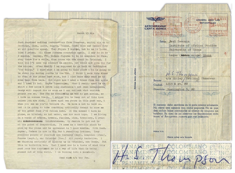 Hunter Thompson Letter Signed -- ''...I am living in a world of cracks, breaks, fizzles, lies, treachery, & overall thirdrateness...''